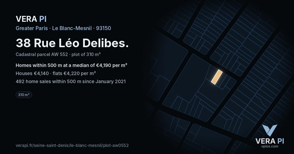 38 Rue Léo Delibes, Le Blanc-Mesnil at night – the plot lit, the parcels around coloured by the prices near them