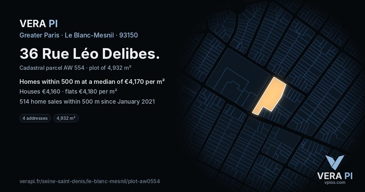 36 Rue Léo Delibes, Le Blanc-Mesnil at night – the plot lit, the parcels around coloured by the prices near them