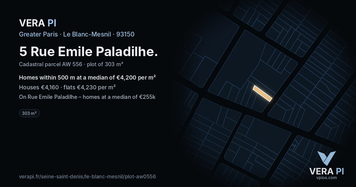 5 Rue Emile Paladilhe, Le Blanc-Mesnil at night – the plot lit, the parcels around coloured by the prices near them