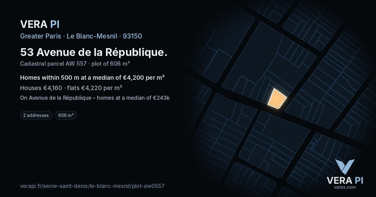 53 Avenue de la République, Le Blanc-Mesnil at night – the plot lit, the parcels around coloured by the prices near them