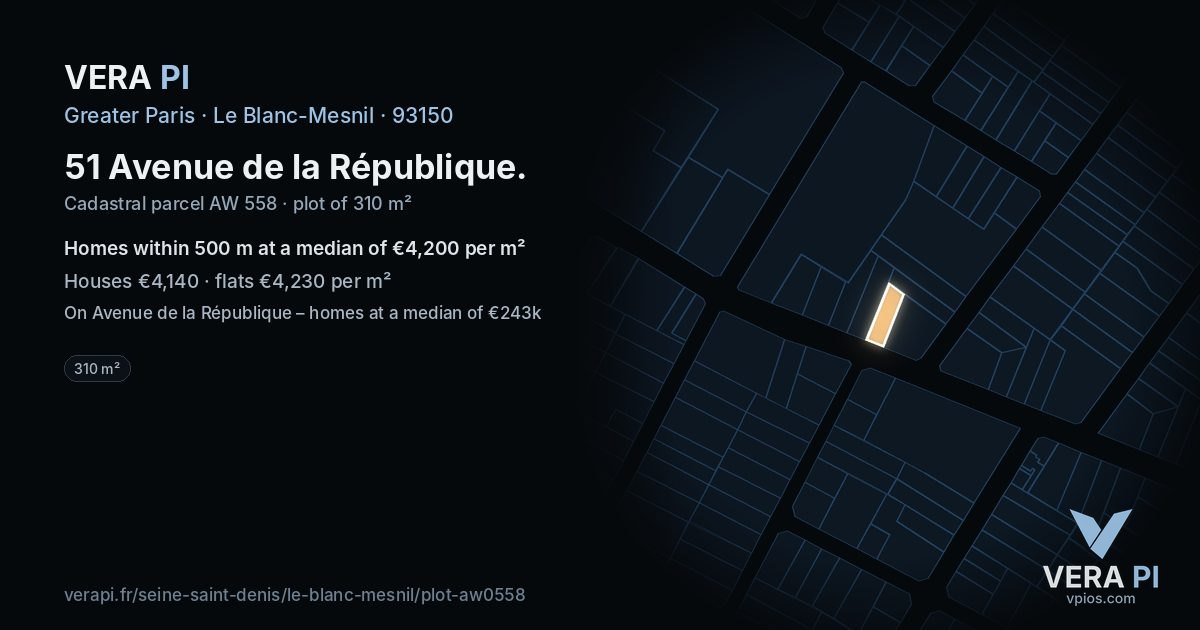 51 Avenue de la République, Le Blanc-Mesnil at night – the plot lit, the parcels around coloured by the prices near them