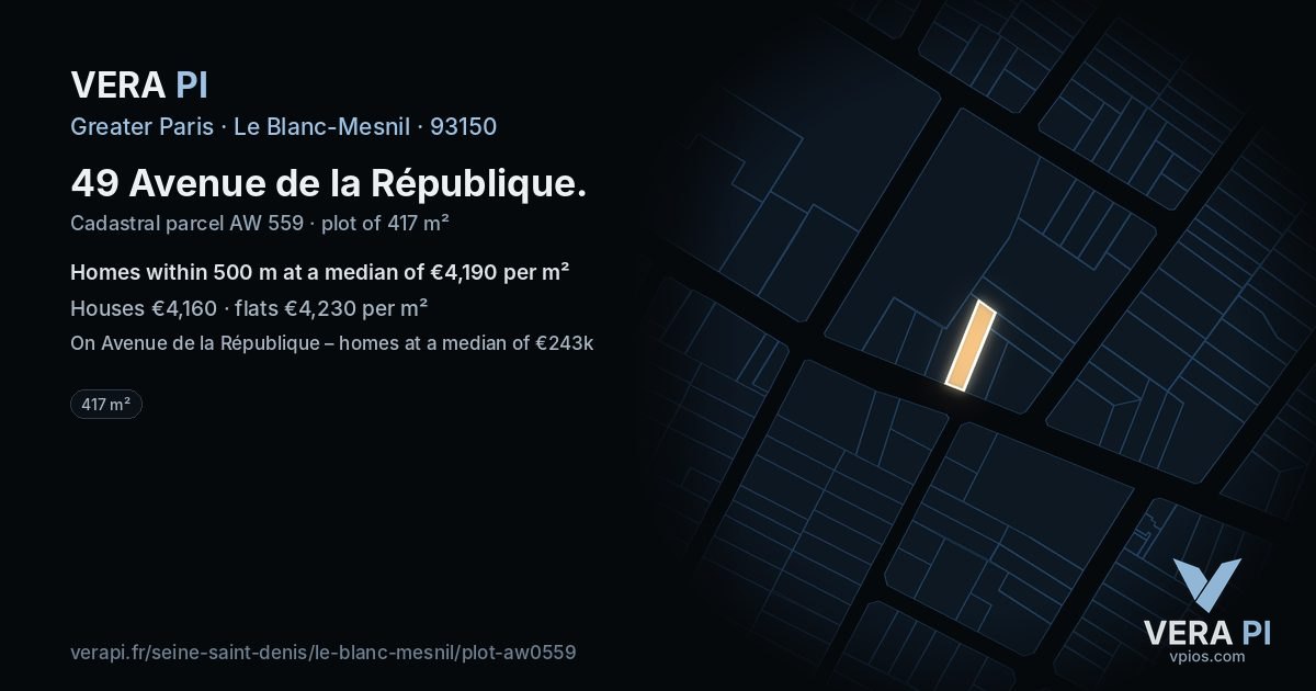 49 Avenue de la République, Le Blanc-Mesnil at night – the plot lit, the parcels around coloured by the prices near them