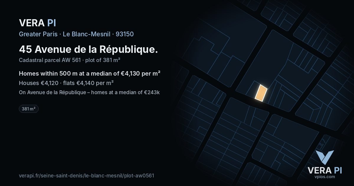 45 Avenue de la République, Le Blanc-Mesnil at night – the plot lit, the parcels around coloured by the prices near them