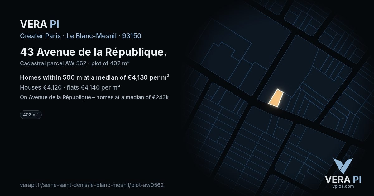 43 Avenue de la République, Le Blanc-Mesnil at night – the plot lit, the parcels around coloured by the prices near them