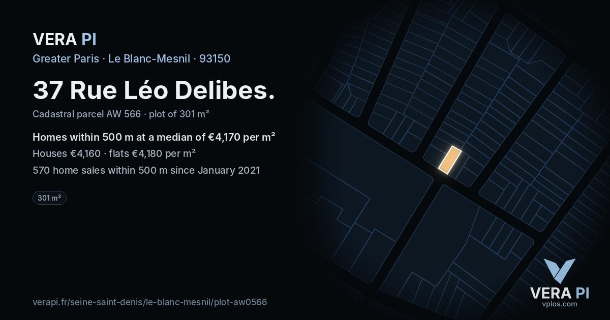 37 Rue Léo Delibes, Le Blanc-Mesnil at night – the plot lit, the parcels around coloured by the prices near them