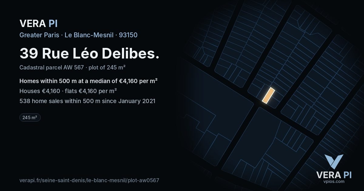39 Rue Léo Delibes, Le Blanc-Mesnil at night – the plot lit, the parcels around coloured by the prices near them