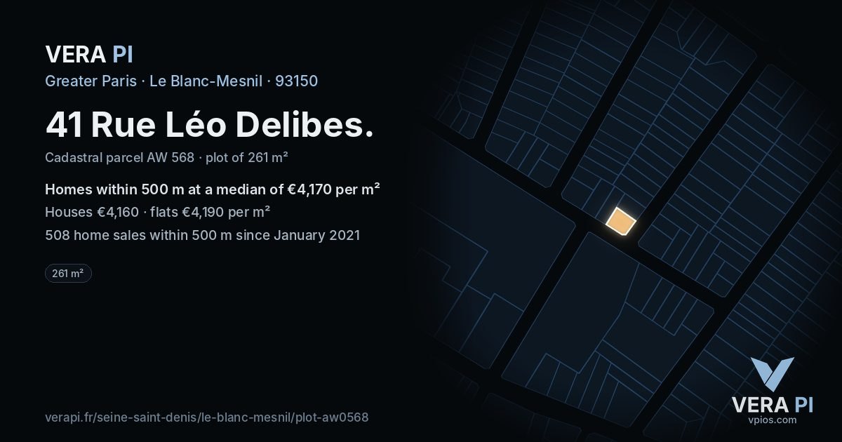 41 Rue Léo Delibes, Le Blanc-Mesnil at night – the plot lit, the parcels around coloured by the prices near them