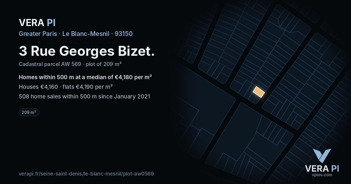 3 Rue Georges Bizet, Le Blanc-Mesnil at night – the plot lit, the parcels around coloured by the prices near them