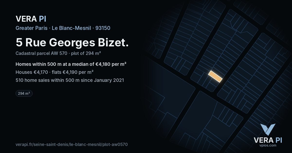 5 Rue Georges Bizet, Le Blanc-Mesnil at night – the plot lit, the parcels around coloured by the prices near them