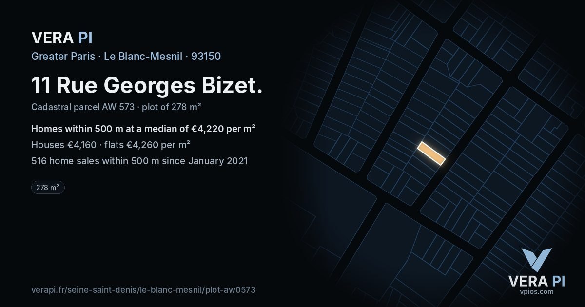 11 Rue Georges Bizet, Le Blanc-Mesnil at night – the plot lit, the parcels around coloured by the prices near them