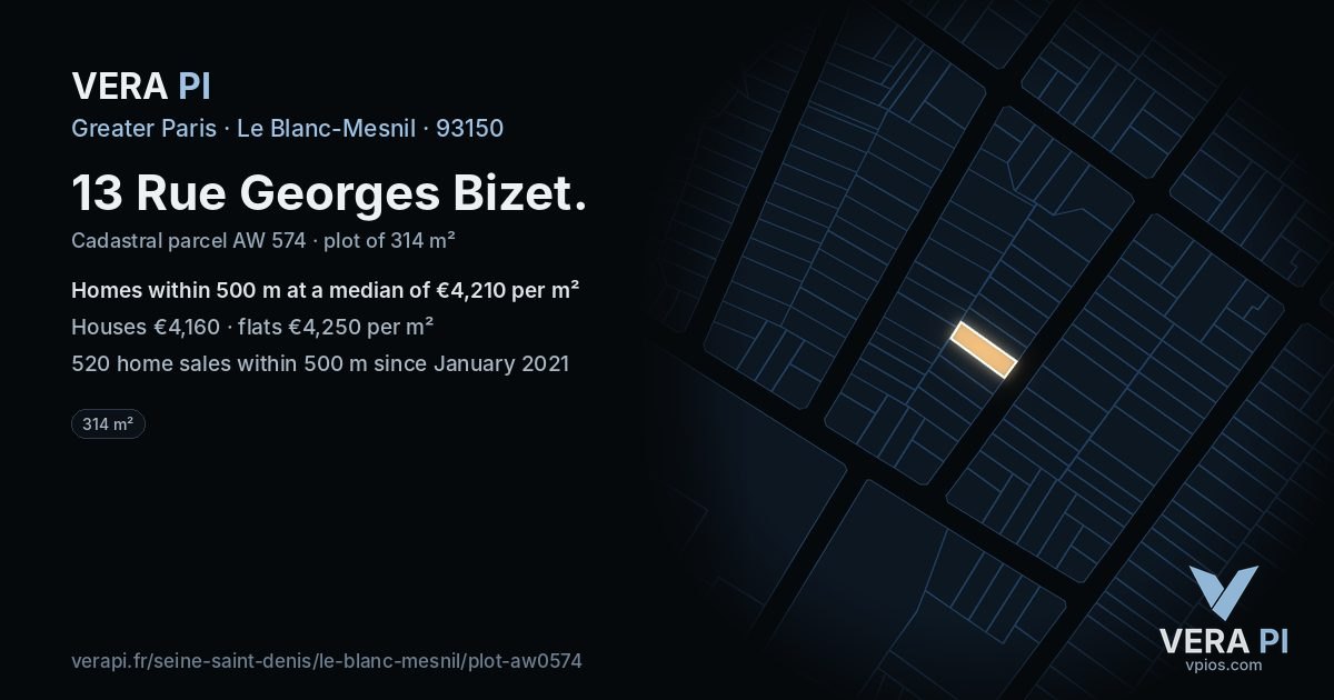 13 Rue Georges Bizet, Le Blanc-Mesnil at night – the plot lit, the parcels around coloured by the prices near them