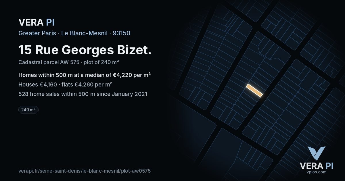 15 Rue Georges Bizet, Le Blanc-Mesnil at night – the plot lit, the parcels around coloured by the prices near them