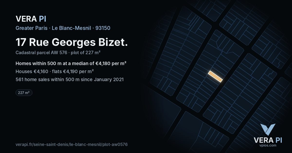 17 Rue Georges Bizet, Le Blanc-Mesnil at night – the plot lit, the parcels around coloured by the prices near them