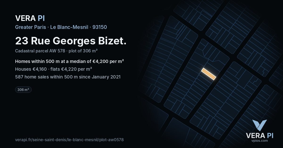 23 Rue Georges Bizet, Le Blanc-Mesnil at night – the plot lit, the parcels around coloured by the prices near them