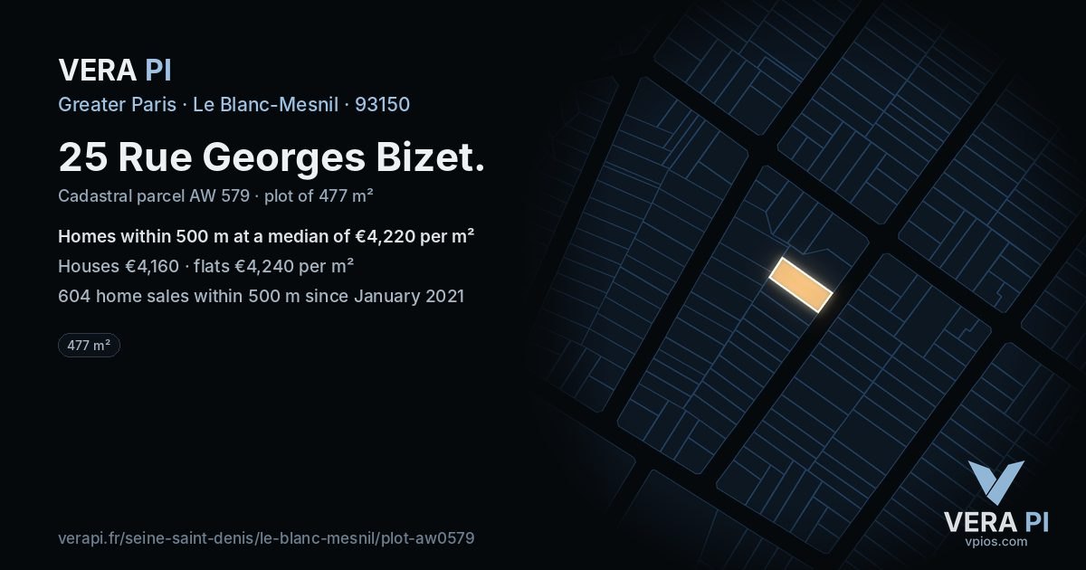 25 Rue Georges Bizet, Le Blanc-Mesnil at night – the plot lit, the parcels around coloured by the prices near them