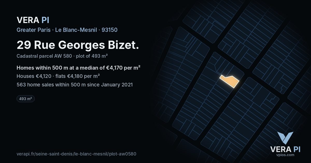 29 Rue Georges Bizet, Le Blanc-Mesnil at night – the plot lit, the parcels around coloured by the prices near them