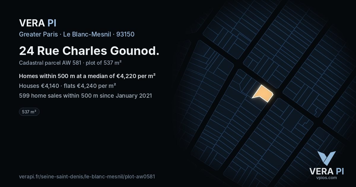 24 Rue Charles Gounod, Le Blanc-Mesnil at night – the plot lit, the parcels around coloured by the prices near them