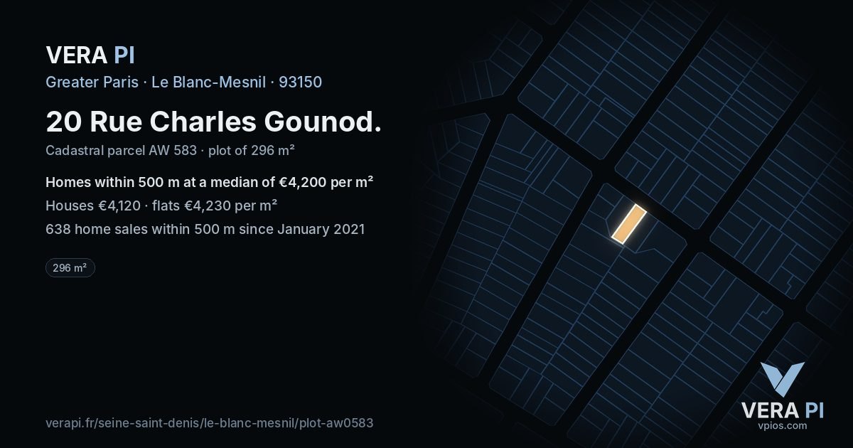 20 Rue Charles Gounod, Le Blanc-Mesnil at night – the plot lit, the parcels around coloured by the prices near them