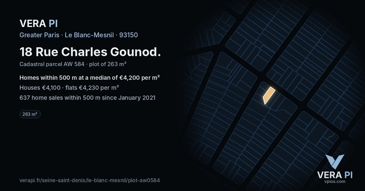 18 Rue Charles Gounod, Le Blanc-Mesnil at night – the plot lit, the parcels around coloured by the prices near them