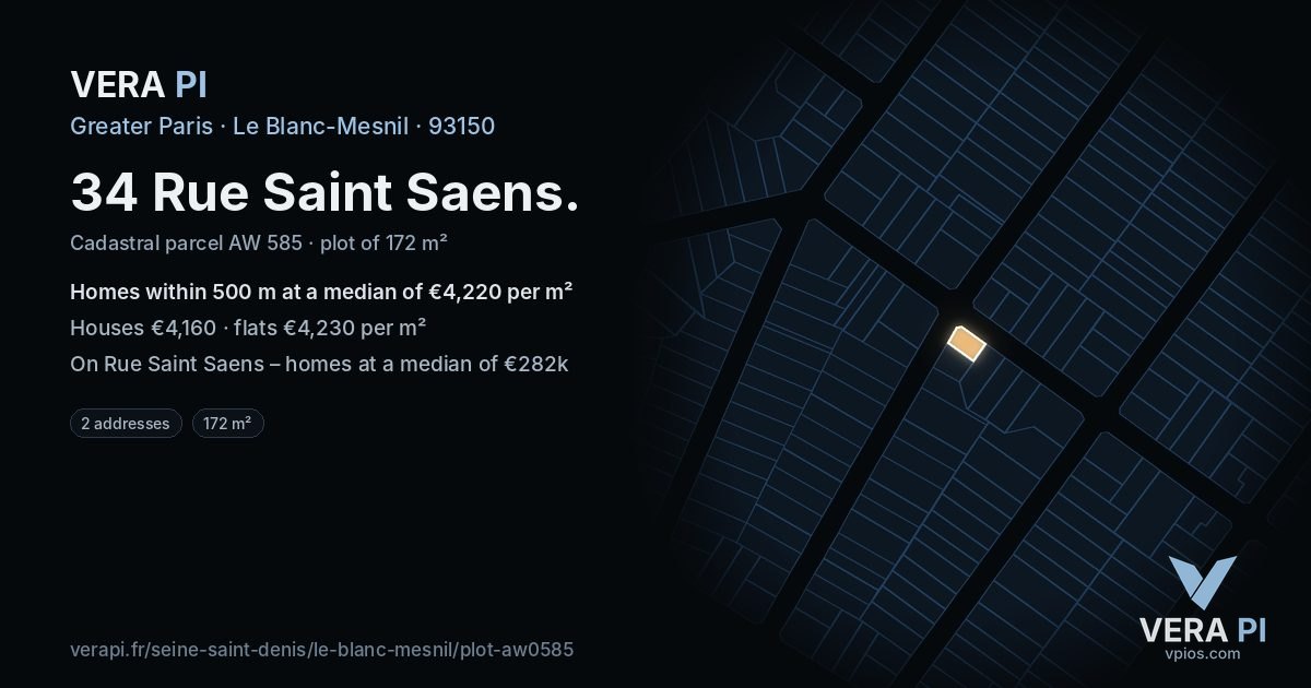 34 Rue Saint Saens, Le Blanc-Mesnil at night – the plot lit, the parcels around coloured by the prices near them