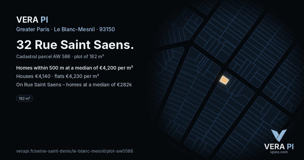 32 Rue Saint Saens, Le Blanc-Mesnil at night – the plot lit, the parcels around coloured by the prices near them
