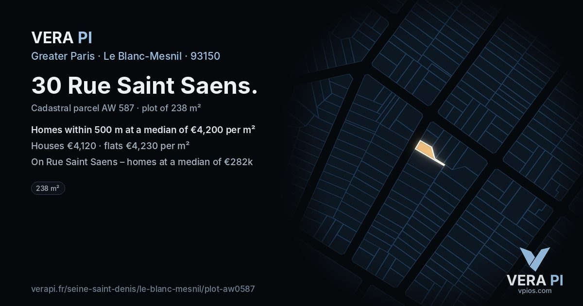 30 Rue Saint Saens, Le Blanc-Mesnil at night – the plot lit, the parcels around coloured by the prices near them