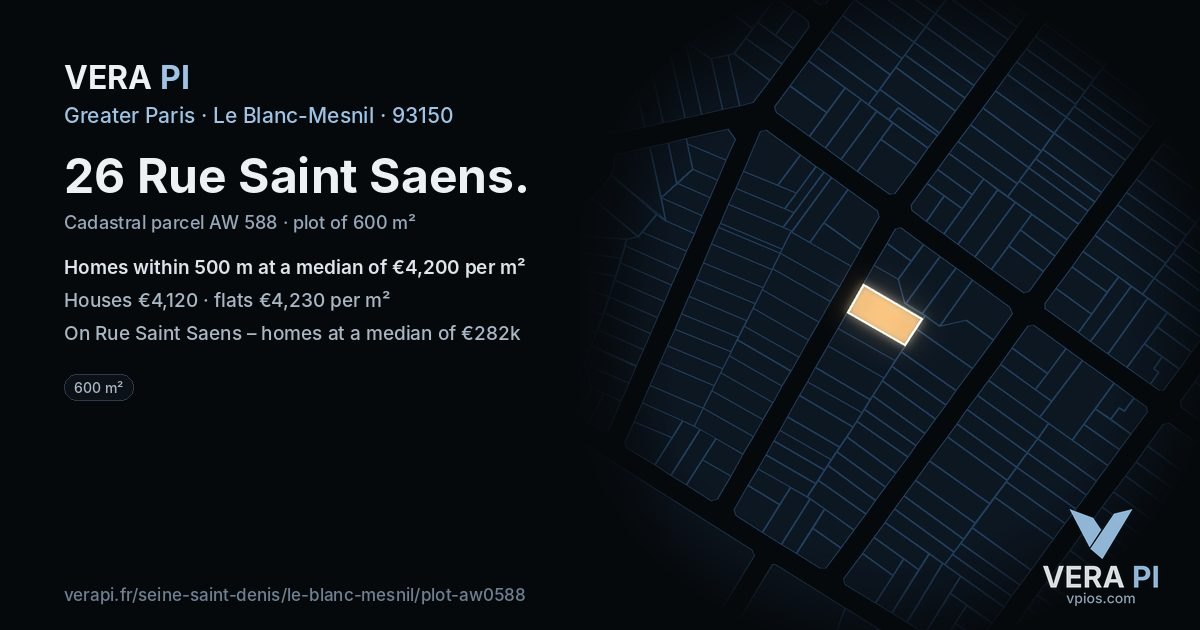 26 Rue Saint Saens, Le Blanc-Mesnil at night – the plot lit, the parcels around coloured by the prices near them