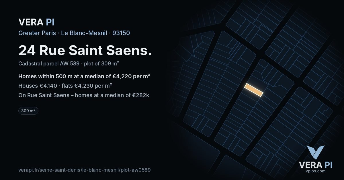 24 Rue Saint Saens, Le Blanc-Mesnil at night – the plot lit, the parcels around coloured by the prices near them