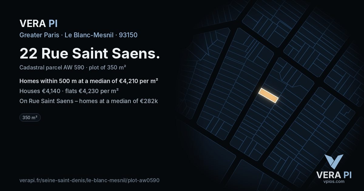 22 Rue Saint Saens, Le Blanc-Mesnil at night – the plot lit, the parcels around coloured by the prices near them