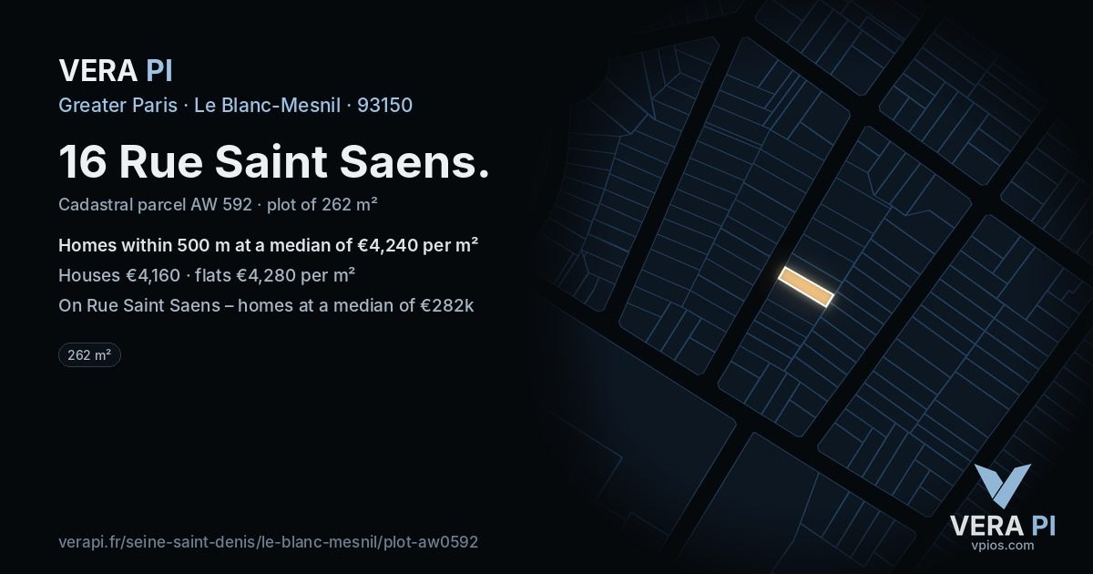 16 Rue Saint Saens, Le Blanc-Mesnil at night – the plot lit, the parcels around coloured by the prices near them