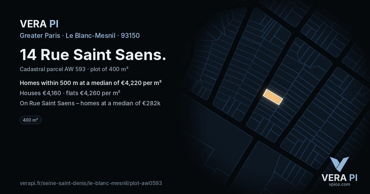 14 Rue Saint Saens, Le Blanc-Mesnil at night – the plot lit, the parcels around coloured by the prices near them