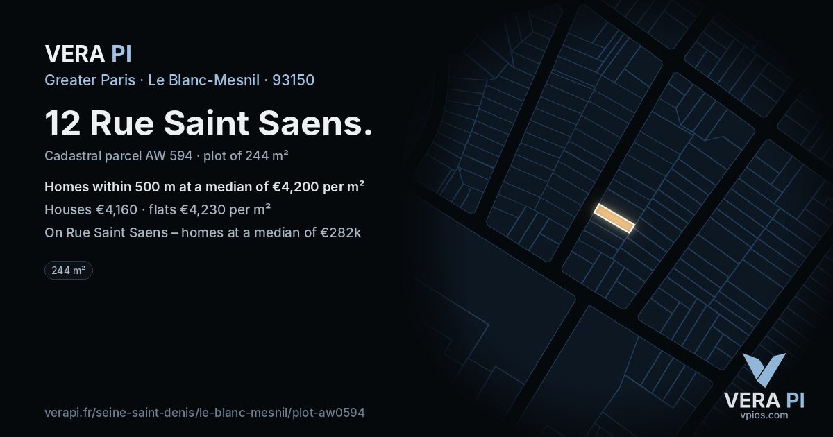 12 Rue Saint Saens, Le Blanc-Mesnil at night – the plot lit, the parcels around coloured by the prices near them