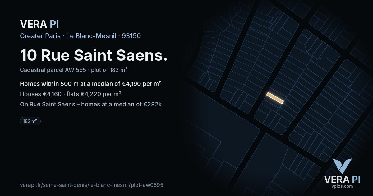 10 Rue Saint Saens, Le Blanc-Mesnil at night – the plot lit, the parcels around coloured by the prices near them