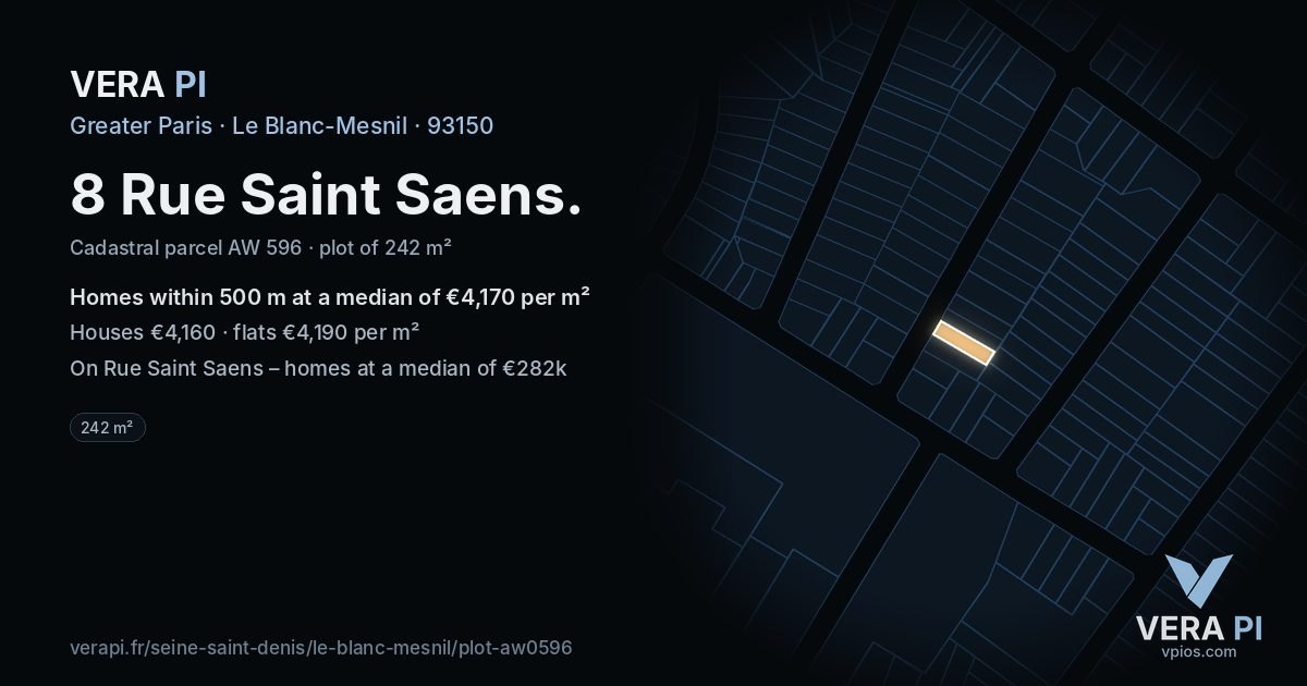 8 Rue Saint Saens, Le Blanc-Mesnil at night – the plot lit, the parcels around coloured by the prices near them