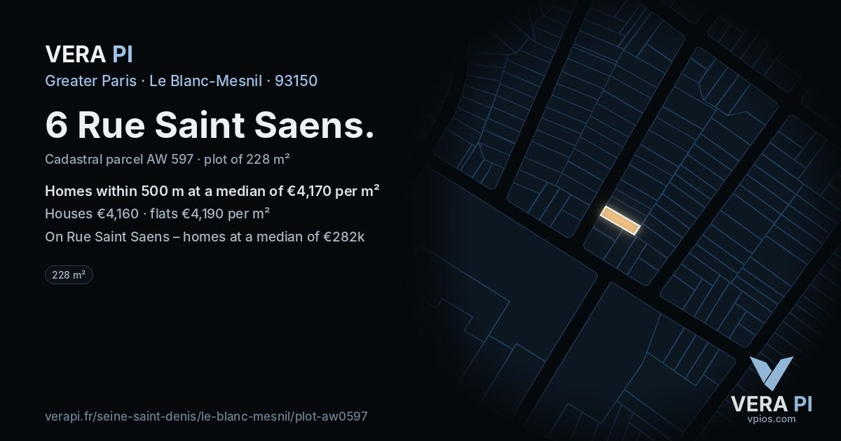 6 Rue Saint Saens, Le Blanc-Mesnil at night – the plot lit, the parcels around coloured by the prices near them