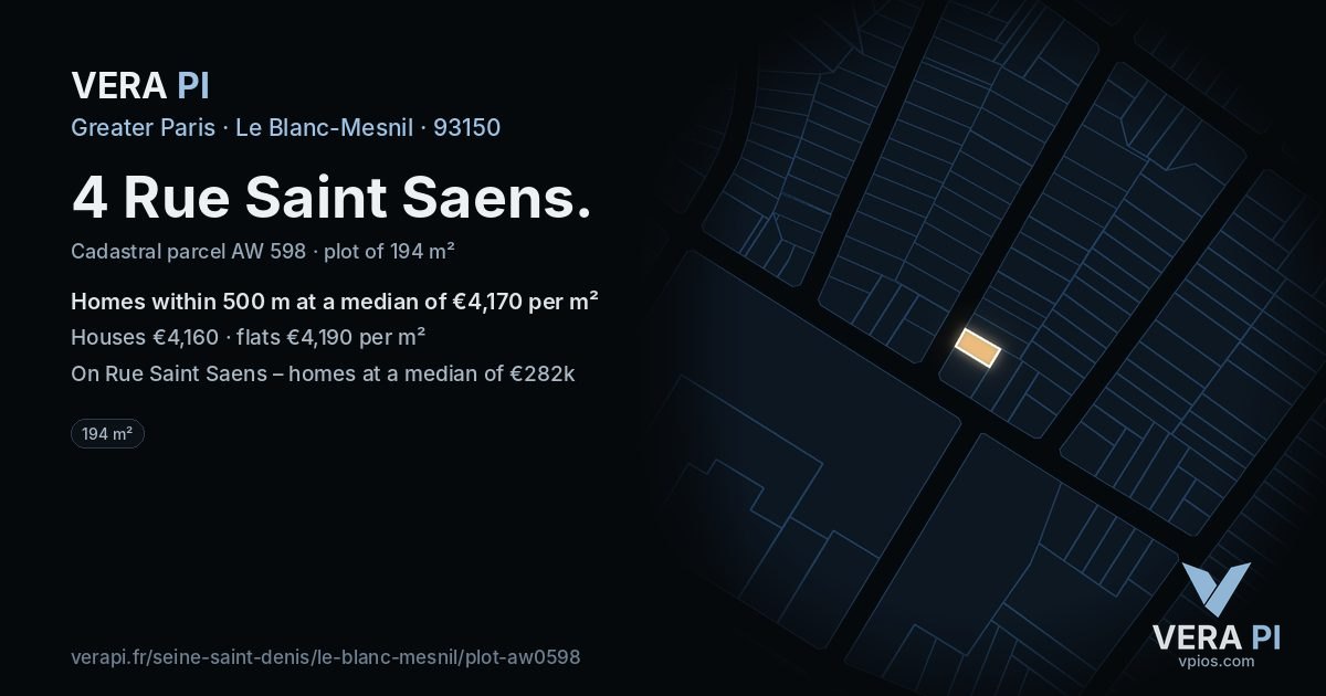 4 Rue Saint Saens, Le Blanc-Mesnil at night – the plot lit, the parcels around coloured by the prices near them