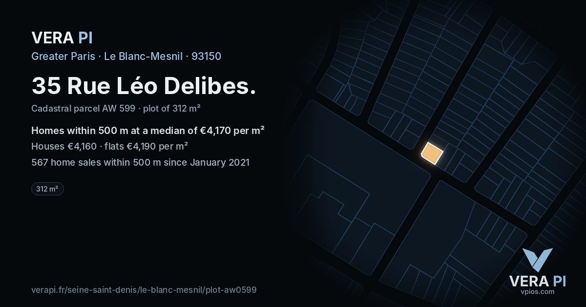 35 Rue Léo Delibes, Le Blanc-Mesnil at night – the plot lit, the parcels around coloured by the prices near them