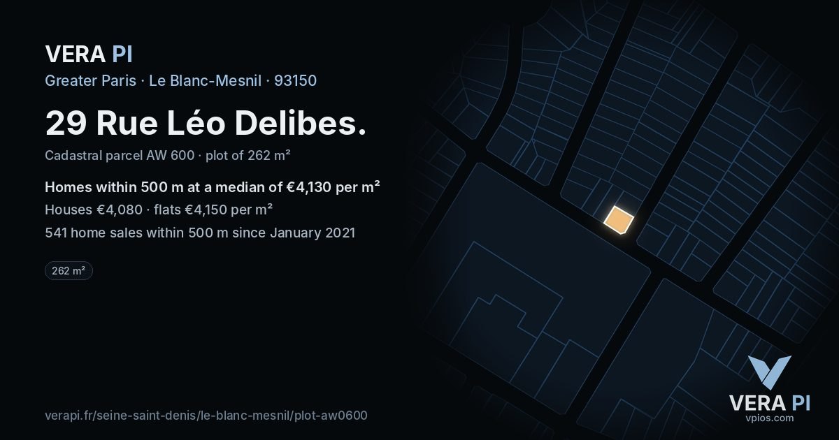 29 Rue Léo Delibes, Le Blanc-Mesnil at night – the plot lit, the parcels around coloured by the prices near them