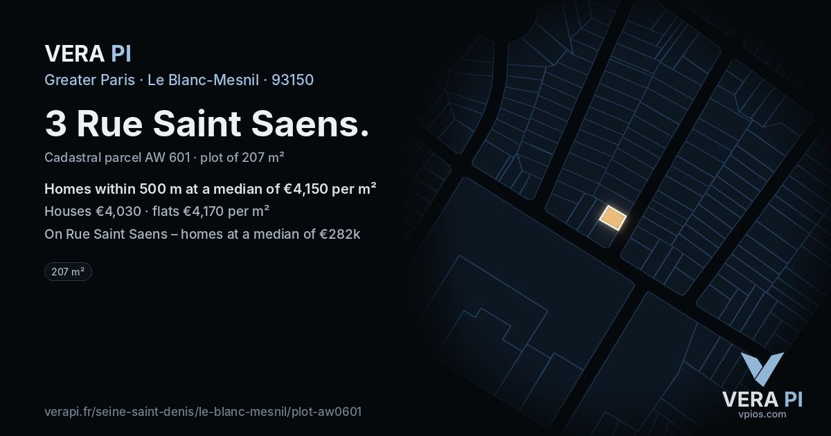3 Rue Saint Saens, Le Blanc-Mesnil at night – the plot lit, the parcels around coloured by the prices near them
