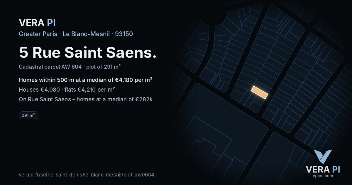 5 Rue Saint Saens, Le Blanc-Mesnil at night – the plot lit, the parcels around coloured by the prices near them