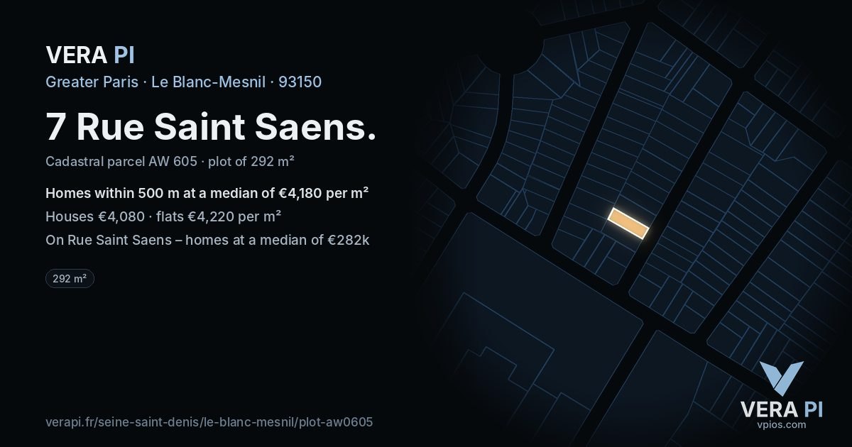 7 Rue Saint Saens, Le Blanc-Mesnil at night – the plot lit, the parcels around coloured by the prices near them