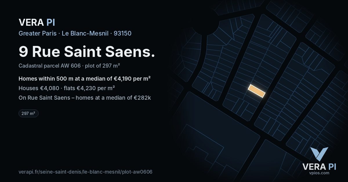 9 Rue Saint Saens, Le Blanc-Mesnil at night – the plot lit, the parcels around coloured by the prices near them