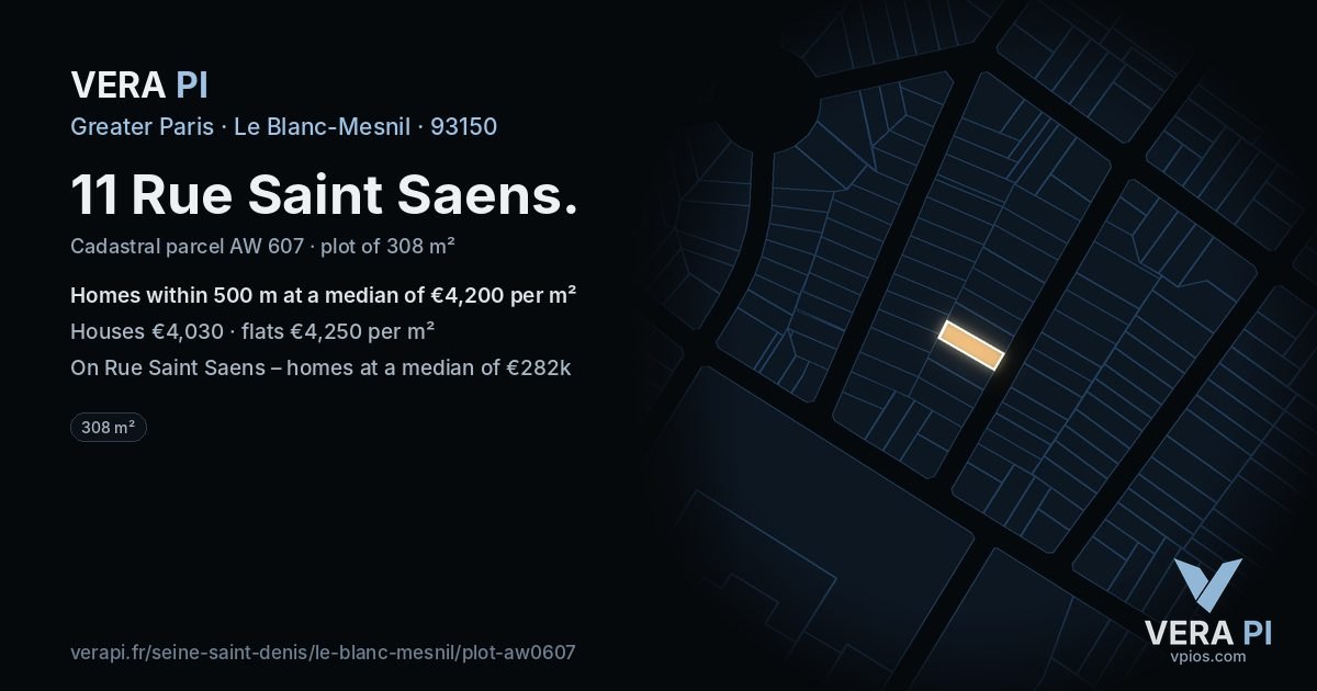 11 Rue Saint Saens, Le Blanc-Mesnil at night – the plot lit, the parcels around coloured by the prices near them