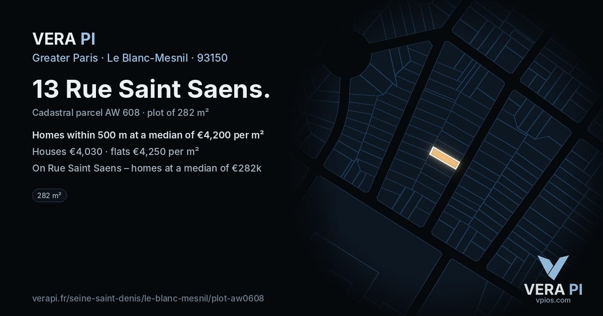 13 Rue Saint Saens, Le Blanc-Mesnil at night – the plot lit, the parcels around coloured by the prices near them