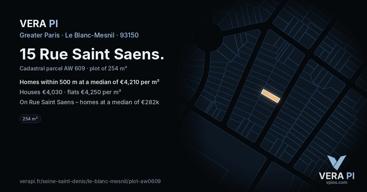 15 Rue Saint Saens, Le Blanc-Mesnil at night – the plot lit, the parcels around coloured by the prices near them