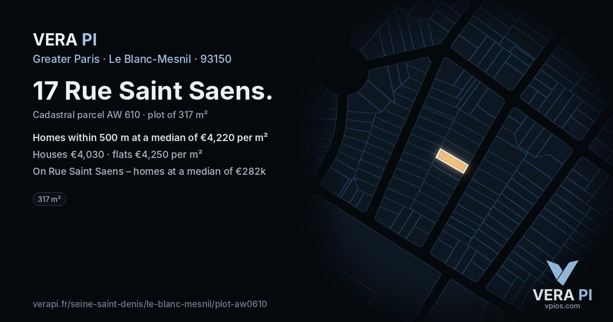 17 Rue Saint Saens, Le Blanc-Mesnil at night – the plot lit, the parcels around coloured by the prices near them