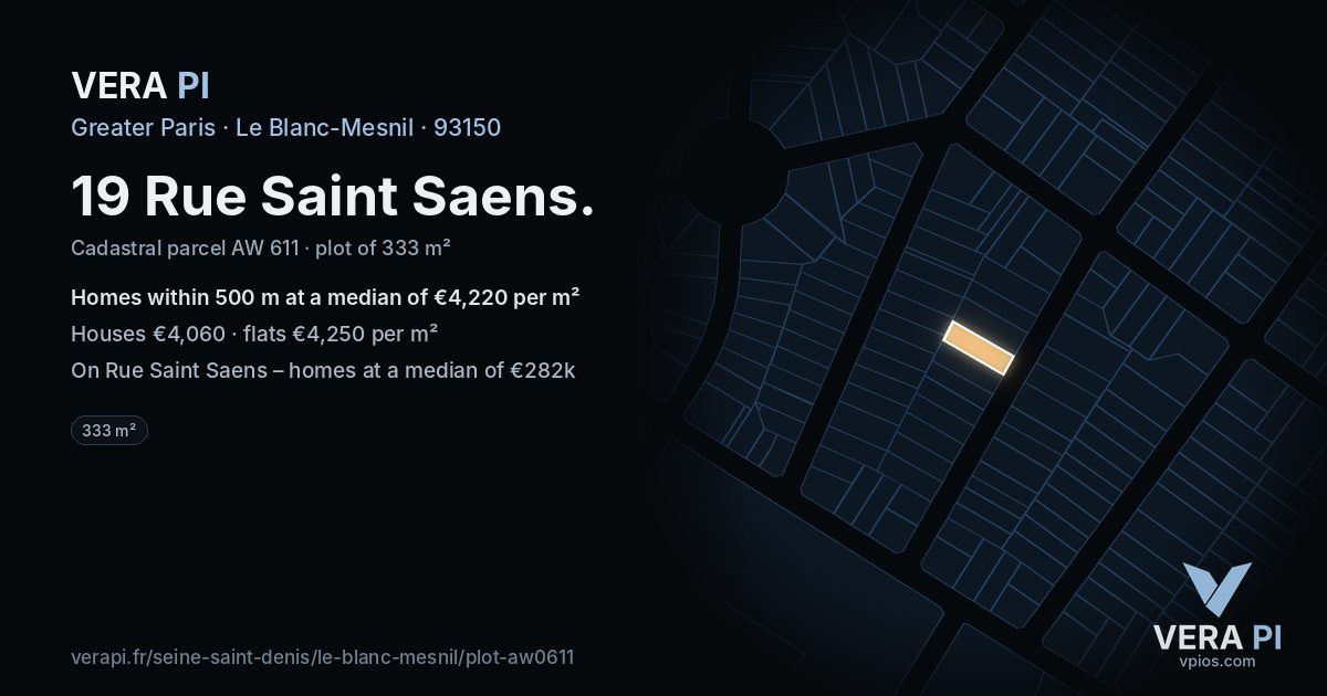 19 Rue Saint Saens, Le Blanc-Mesnil at night – the plot lit, the parcels around coloured by the prices near them