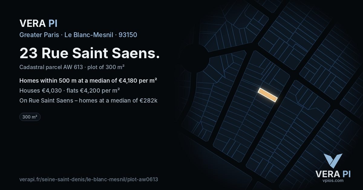 23 Rue Saint Saens, Le Blanc-Mesnil at night – the plot lit, the parcels around coloured by the prices near them
