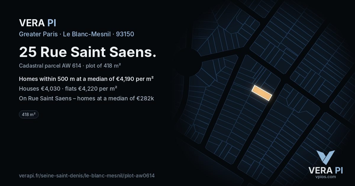25 Rue Saint Saens, Le Blanc-Mesnil at night – the plot lit, the parcels around coloured by the prices near them