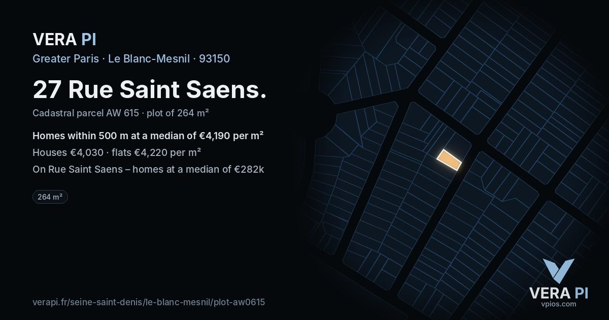 27 Rue Saint Saens, Le Blanc-Mesnil at night – the plot lit, the parcels around coloured by the prices near them